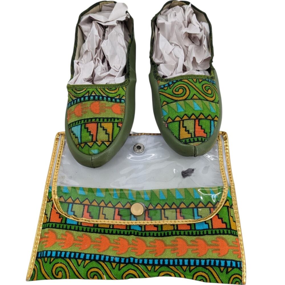 Vintage 1960's 1970's Foldable Vinyl & Canvas TRAVEL SLIPPERS & POUCH Geometric